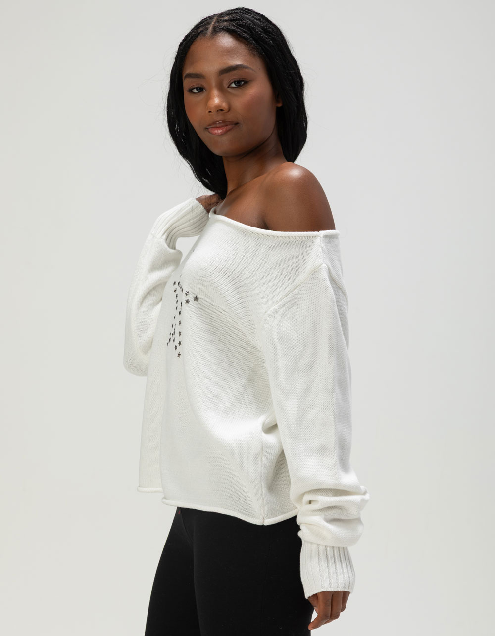 FULL TILT Womens Off The Shoulder Star Stud Sweater - CREAM