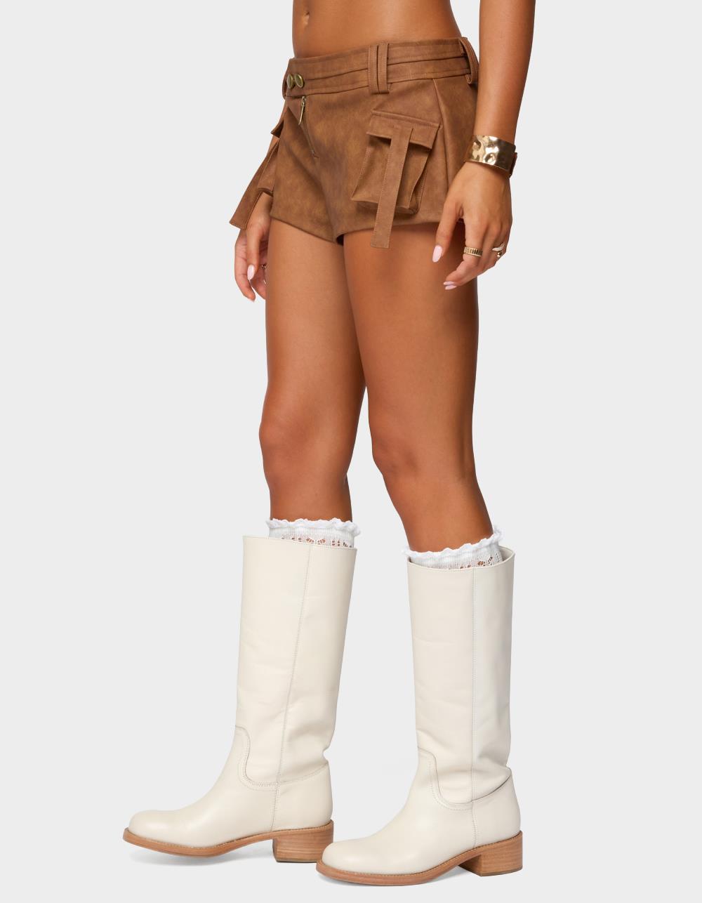 EDIKTED Washed Faux Leather Micro Cargo Shorts - KHAKI