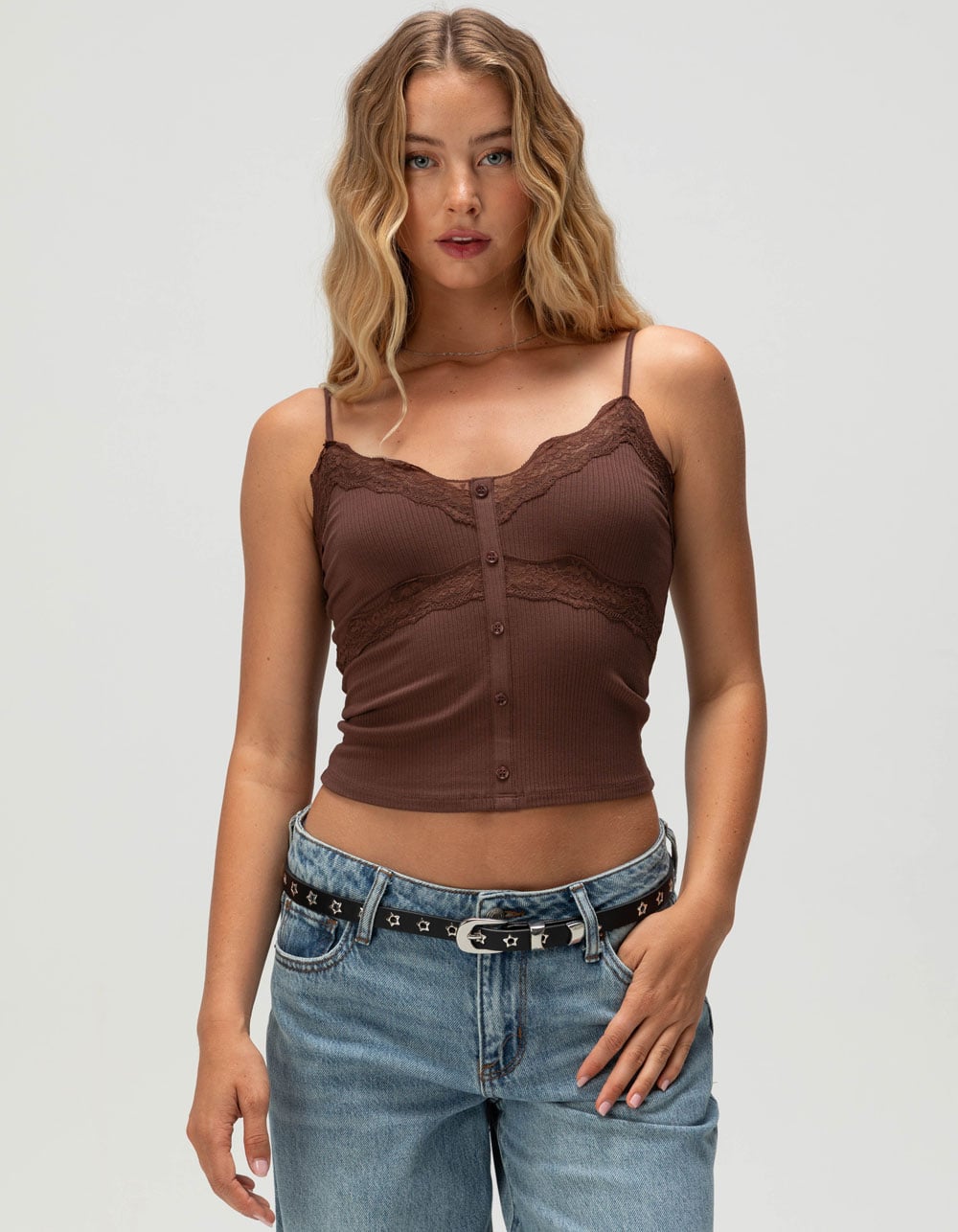 RSQ Womens Button Front Lace Trim Cami - BROWN | Tillys