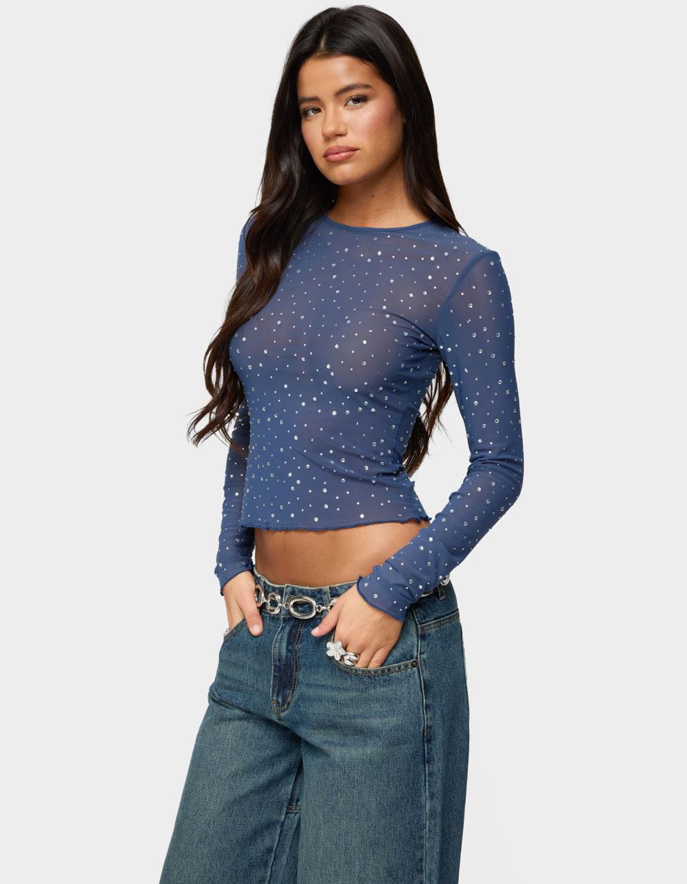 EDIKTED Anari Rhinestone Mesh Top - BLUE