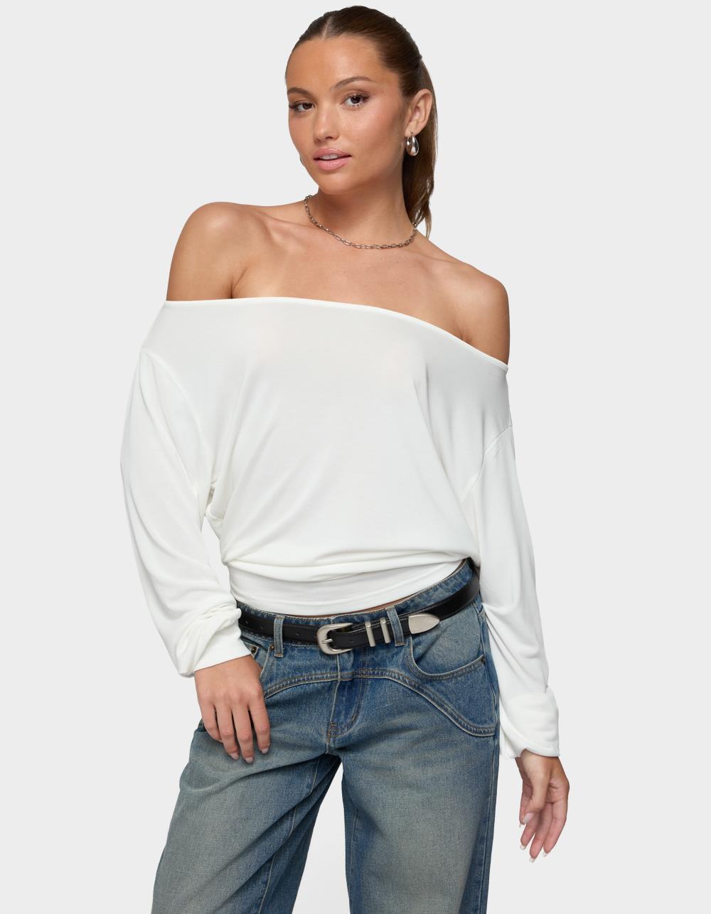EDIKTED Nannie Off Shoulder Oversized Top - WHITE