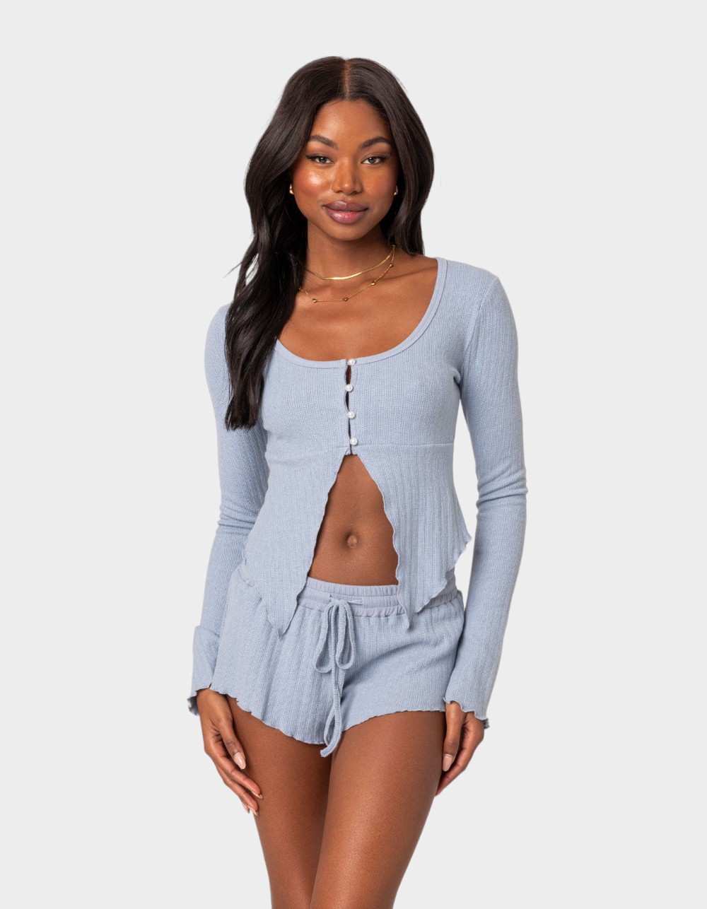 EDIKTED Stay Cozy Split Front Ribbed Top