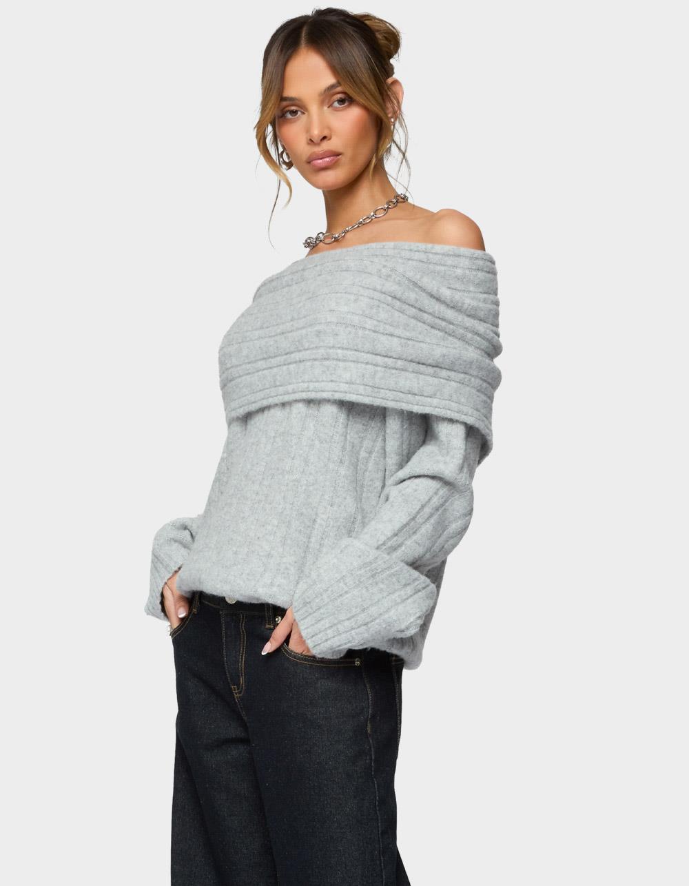 EDIKTED Kadenna Oversized Off Shoulder Sweater - GRAY