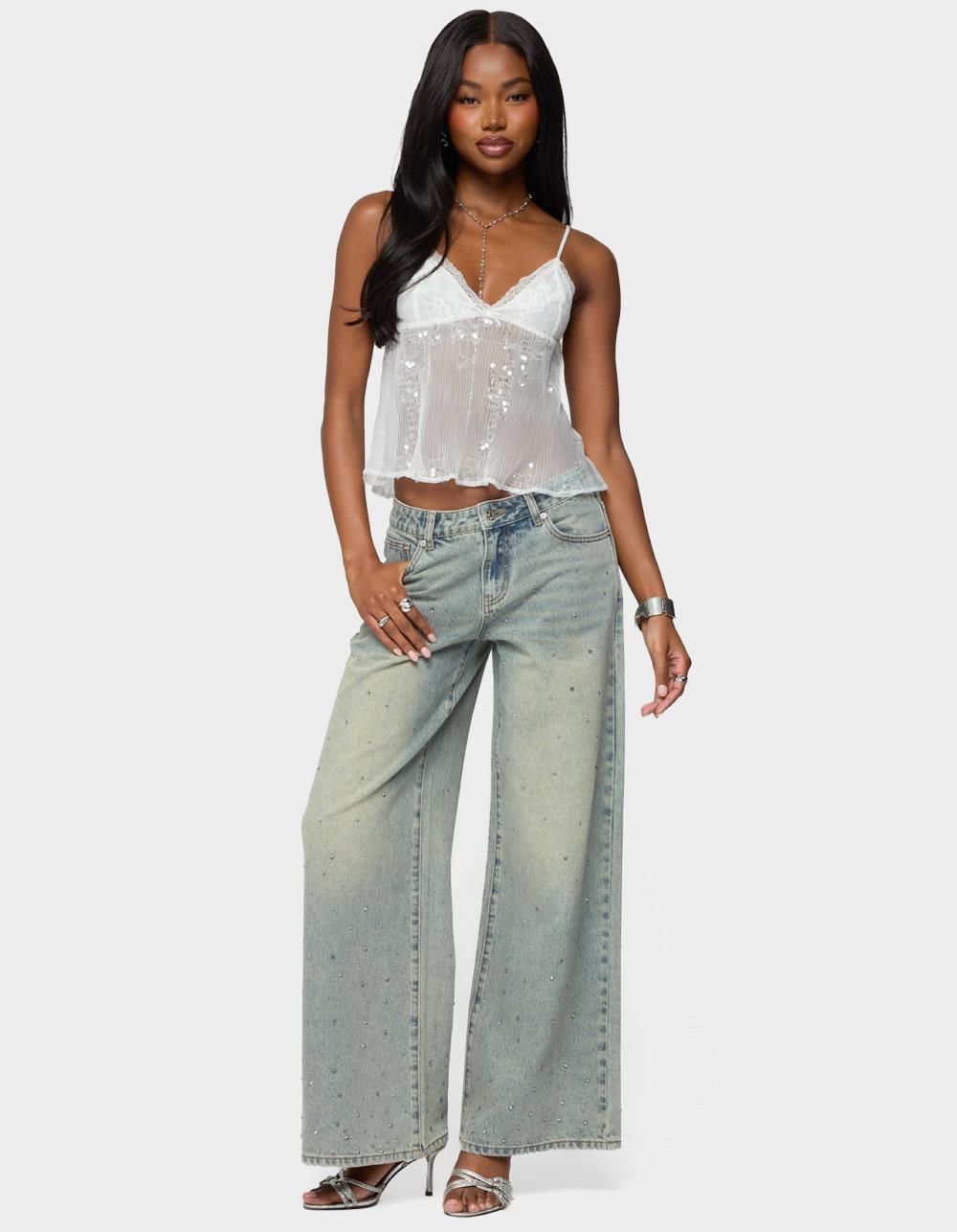 EDIKTED Sequin Sheer Mesh Babydoll Top - WHITE