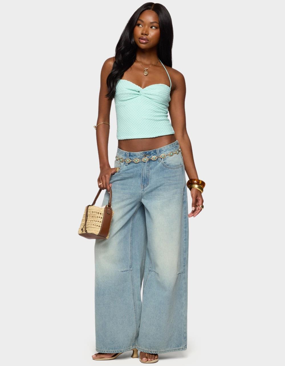 EDIKTED Zoee Twisted Textured Halter Top - LIGHT BLUE