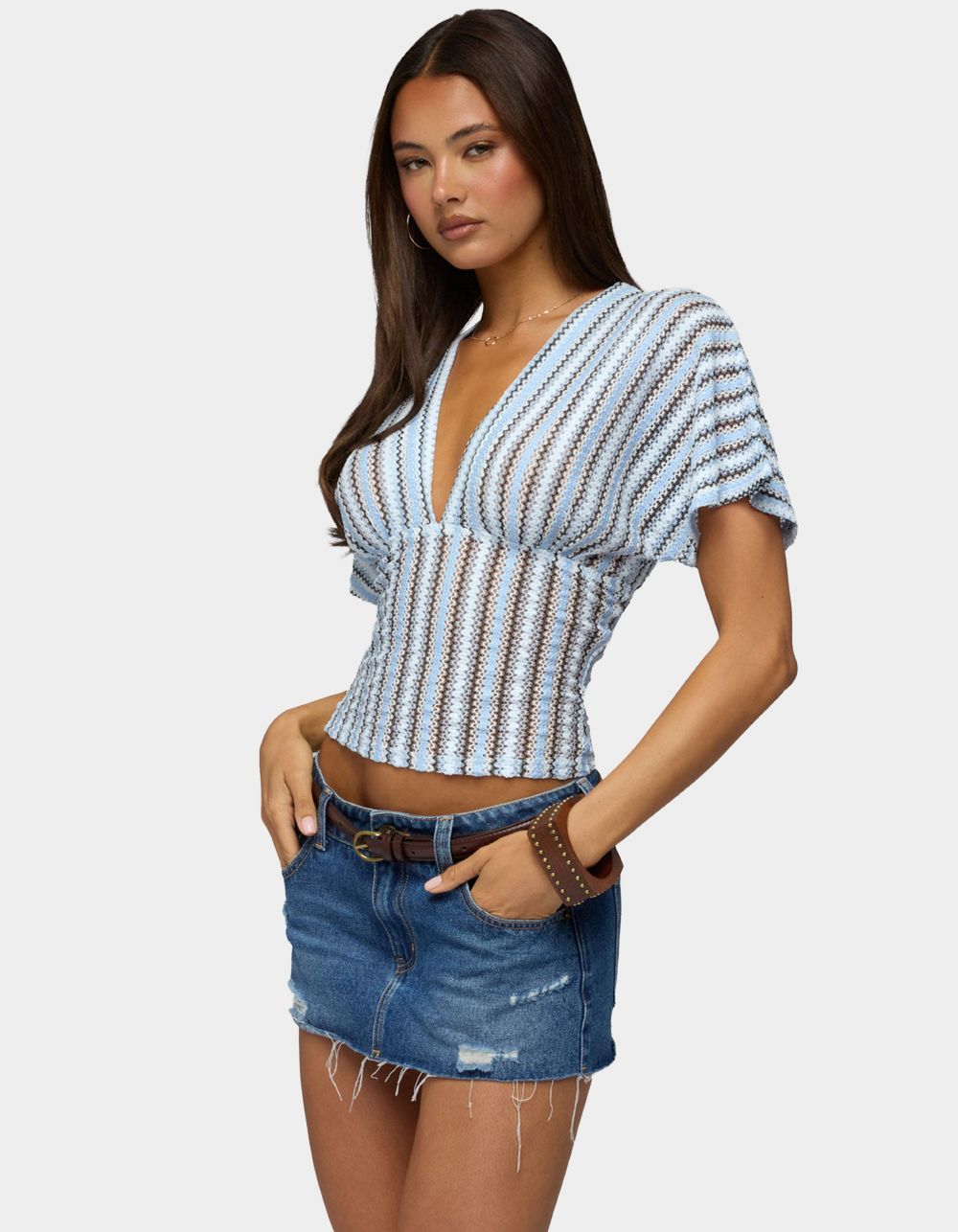 EDIKTED Alwyn Flutter Crochet Zigzag Top - LIGHT BLUE