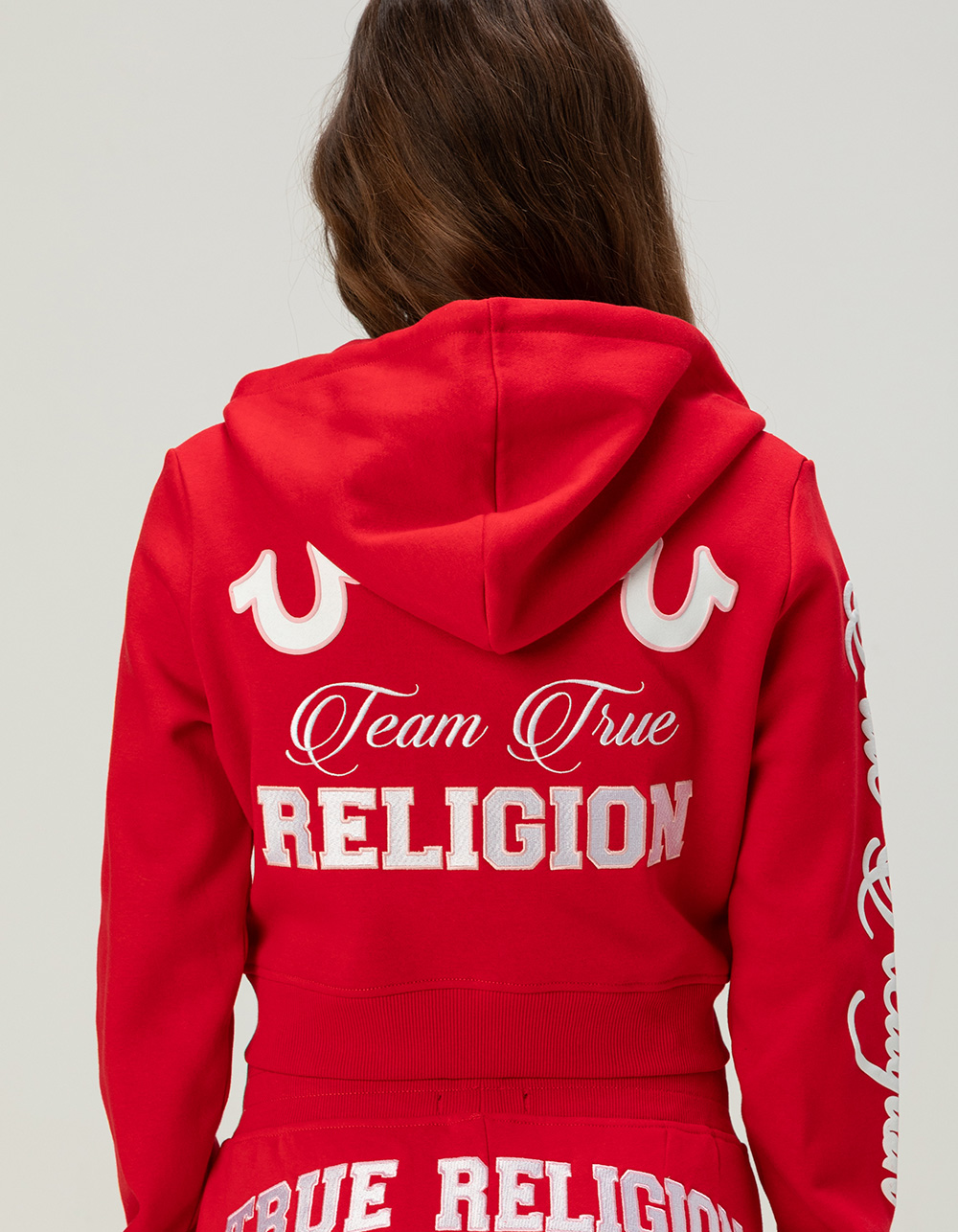 TRUE RELIGION Embroidered Crop Womens Zip-Up Hoodie - RED
