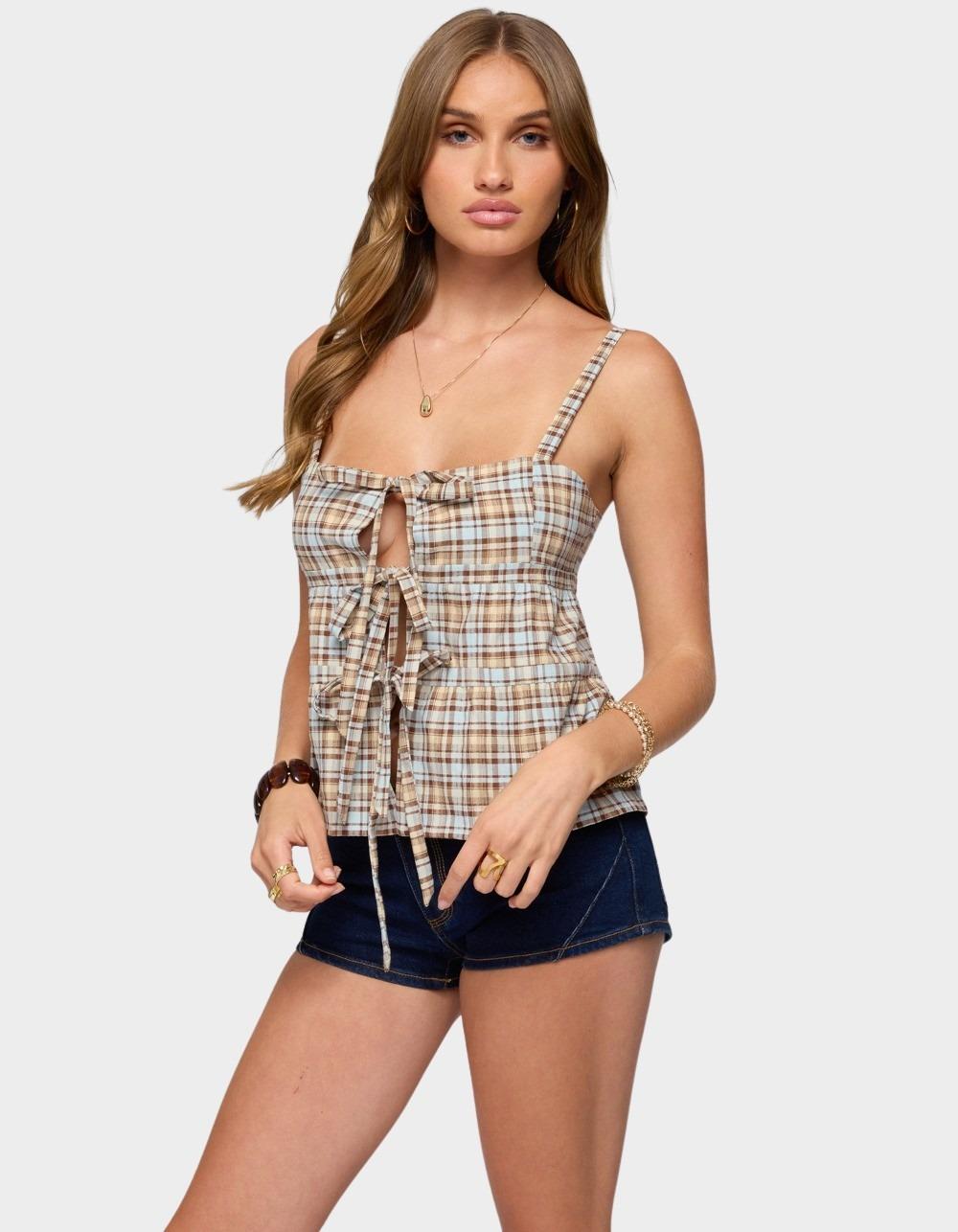 EDIKTED Mirena Tie Front Plaid Top - BLACK