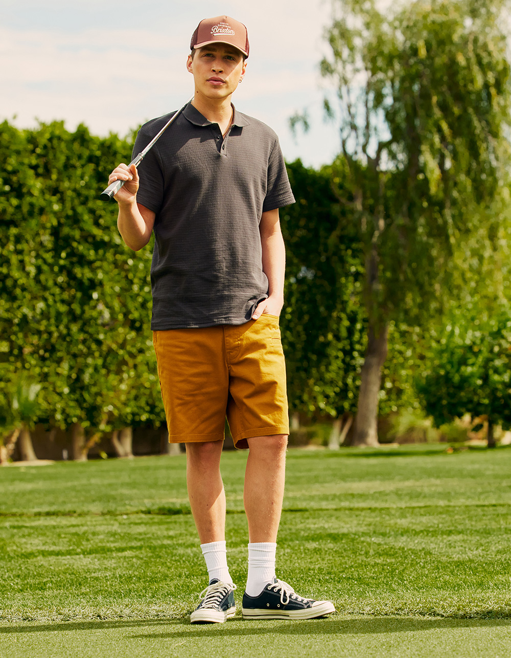BRIXTON Waffle Mens Polo Shirt - WASHED BLACK