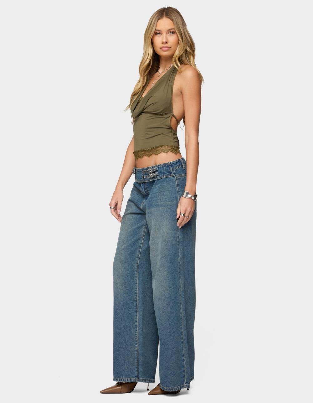 EDIKTED Double Buckle Low Rise Jeans - BLUE