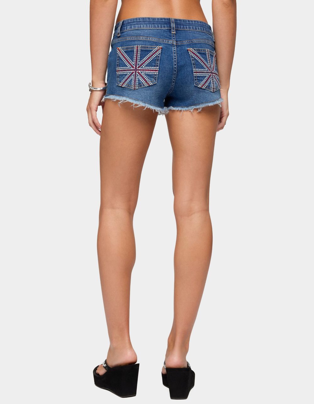 EDIKTED Union Jack Low Rise Denim Shorts - LIGHT BLUE