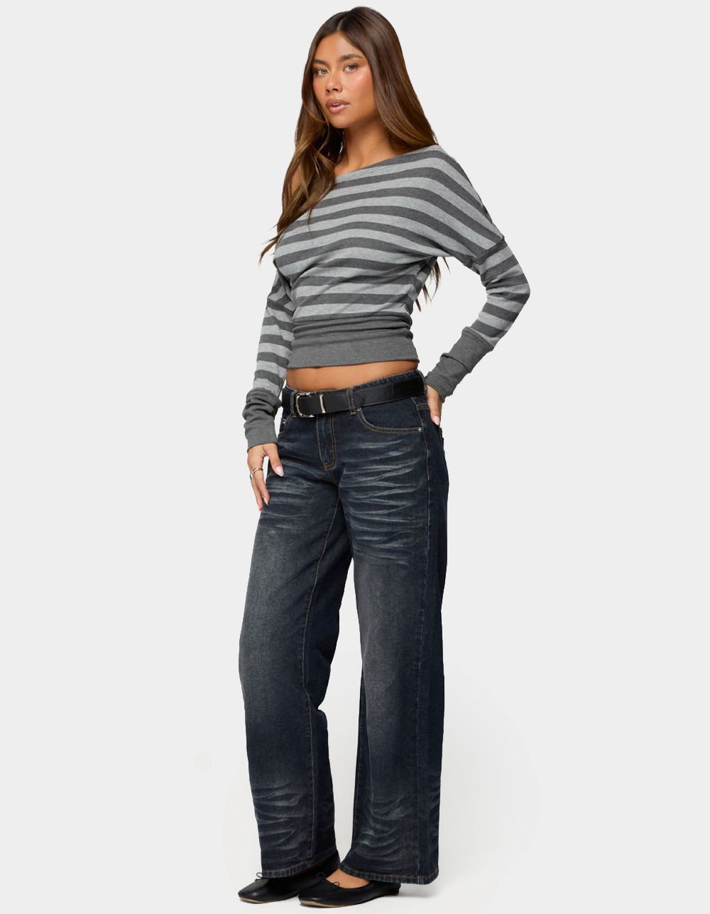 EDIKTED Marniee Striped Off Shoulder Top - DARK GRAY