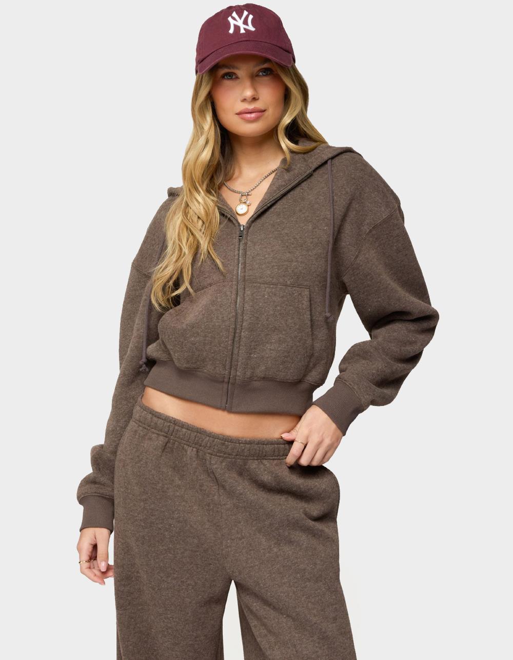 EDIKTED Laulie Zip Up Hoodie - BROWN
