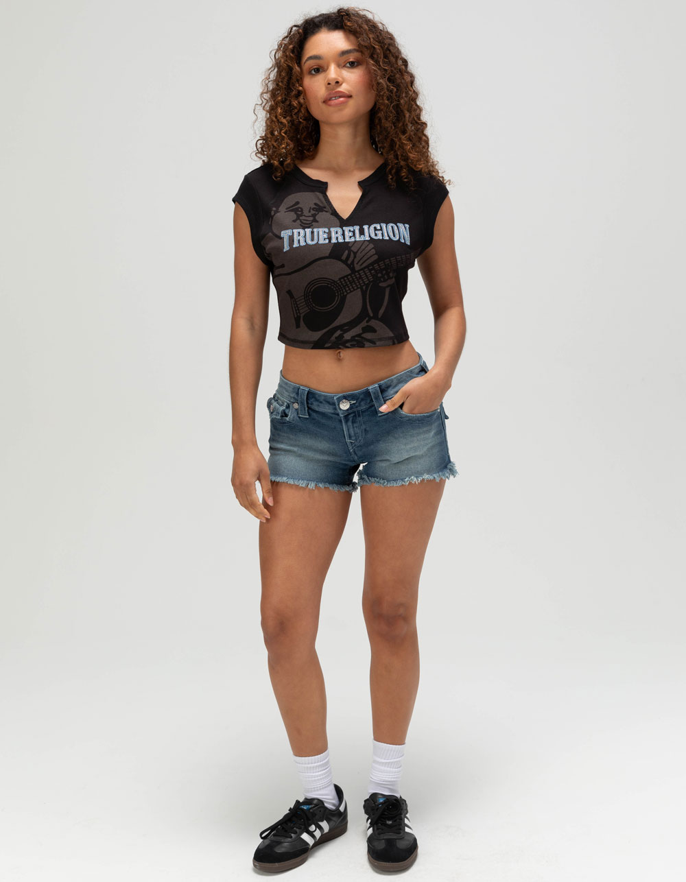 TRUE RELIGION Crystal Buddha Notch Womens Baby Tee - BLACK
