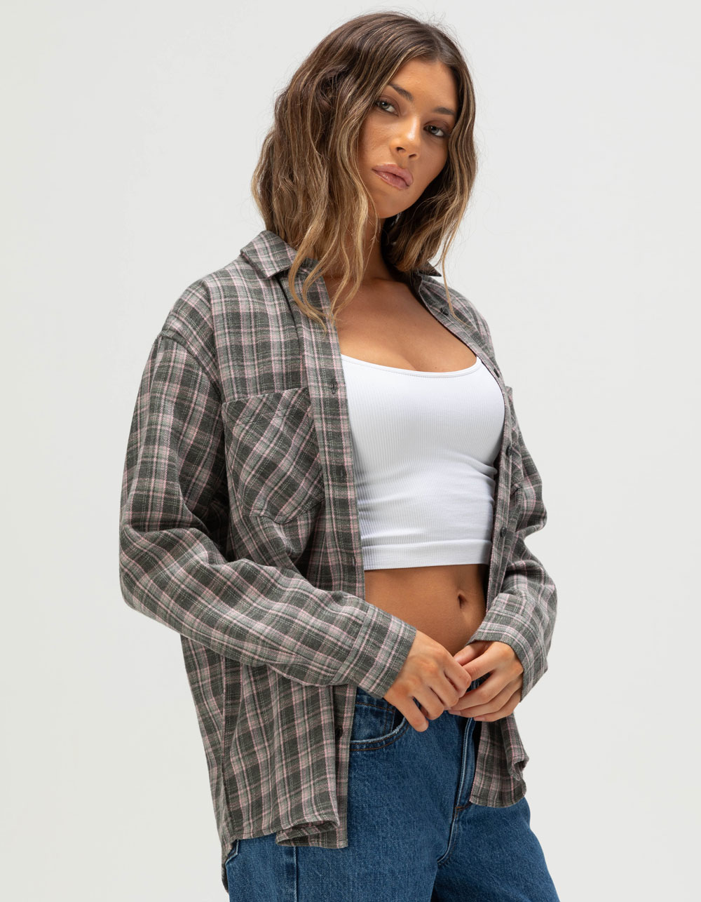RSQ Womens Oversized Flannel - GRAY COMBO