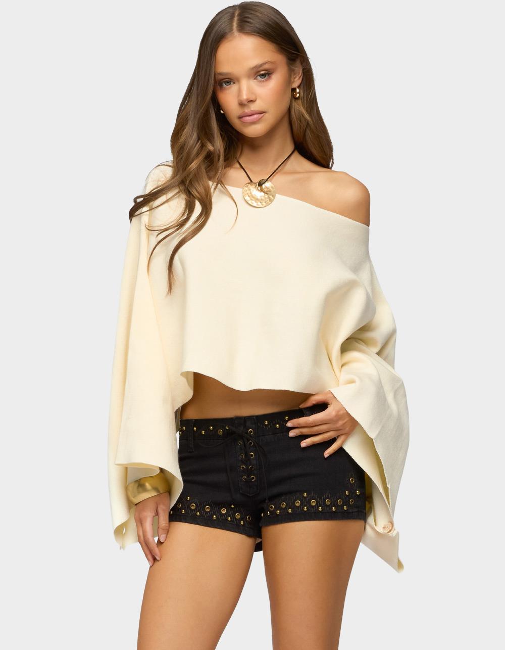 EDIKTED Sharla Off Shoulder Poncho Sweater - BEIGE