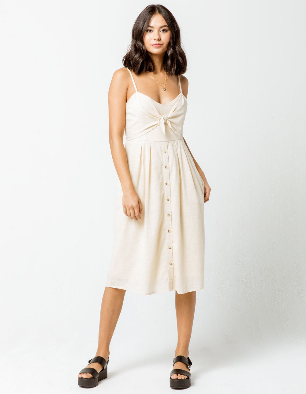 SKY AND SPARROW Knot Button Front Cream Midi Dress - CREAM | Tillys