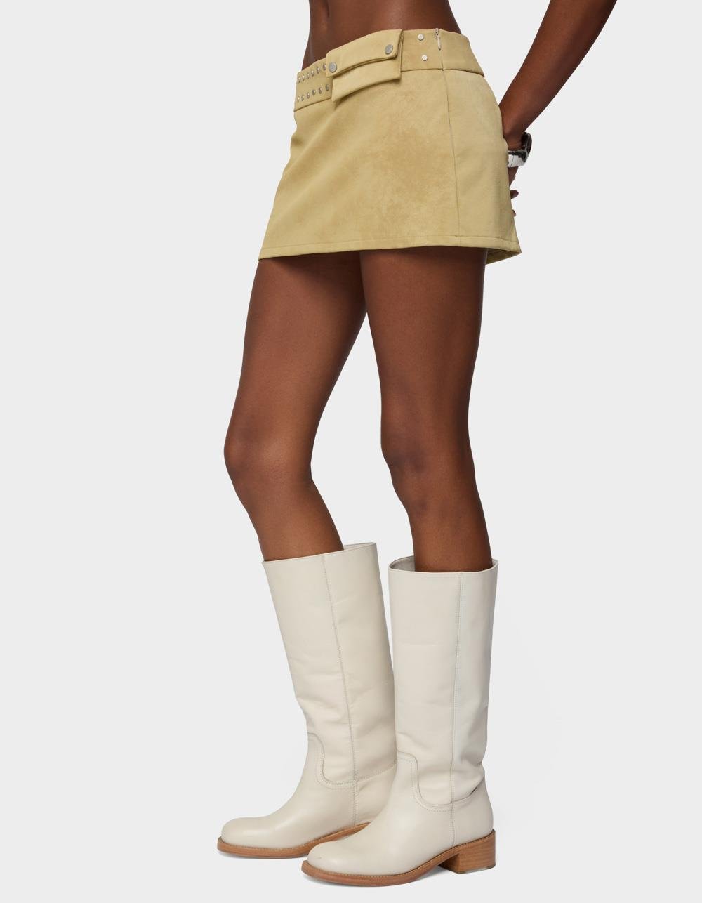 EDIKTED Roney Stud Faux Suede Mini Skort - LIGHT BROWN