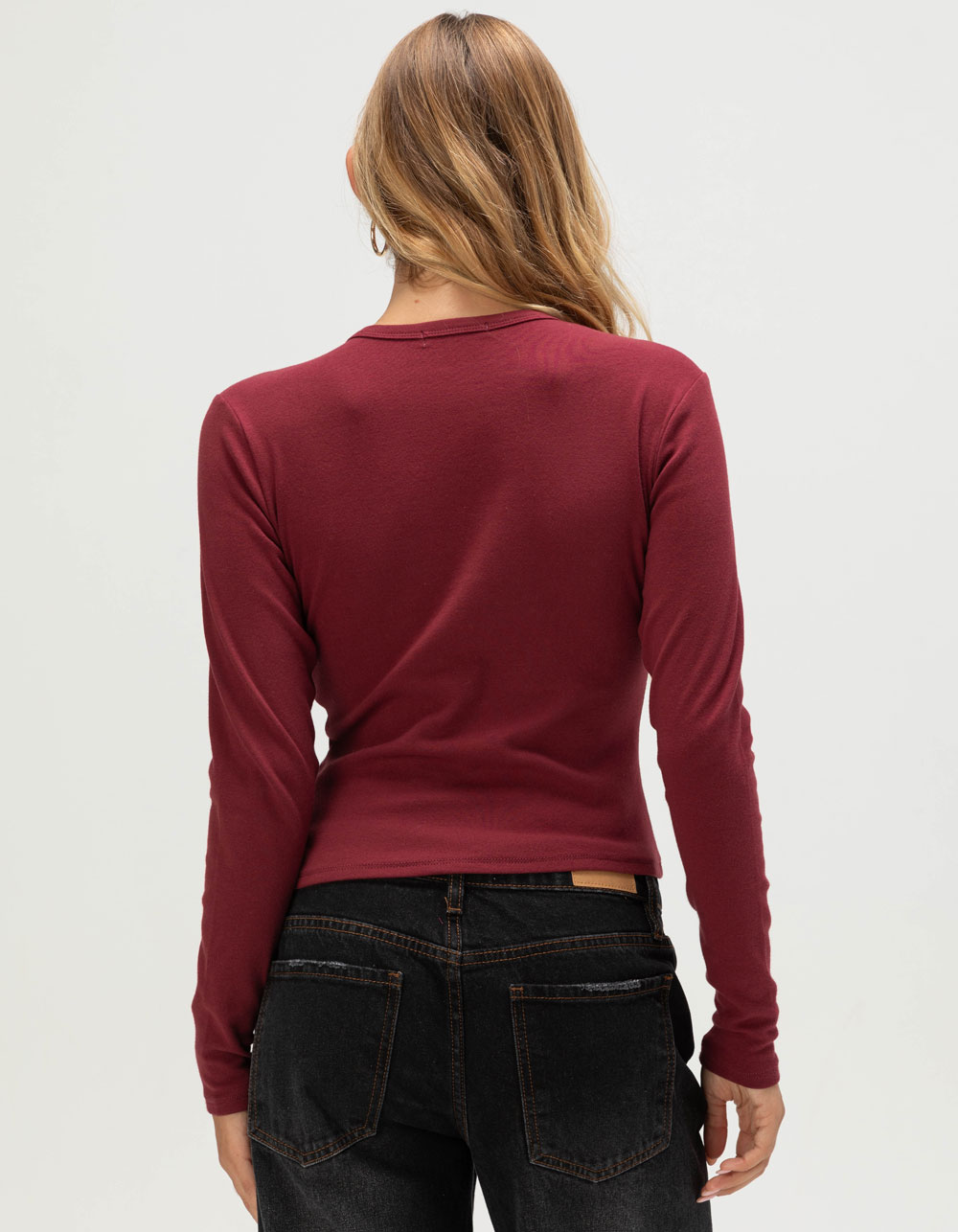 RSQ Womens 08 Lace Long Sleeve Baby Tee - BURGUNDY