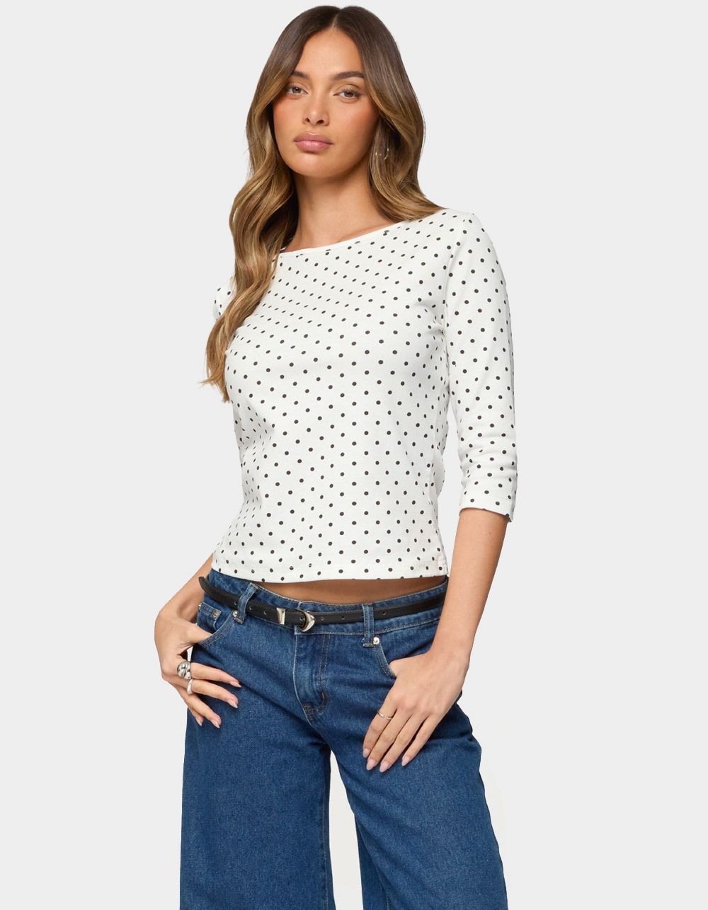 EDIKTED Lela Polka Dot Quarter Sleeve Top - WHITE