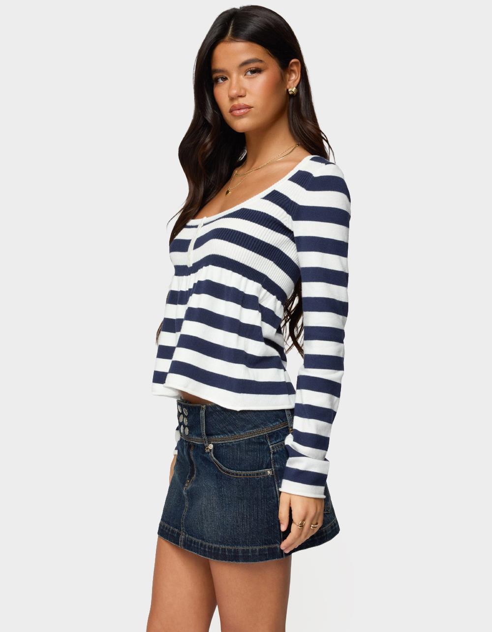EDIKTED Lockie Striped Knit Babydoll Top - NAVY