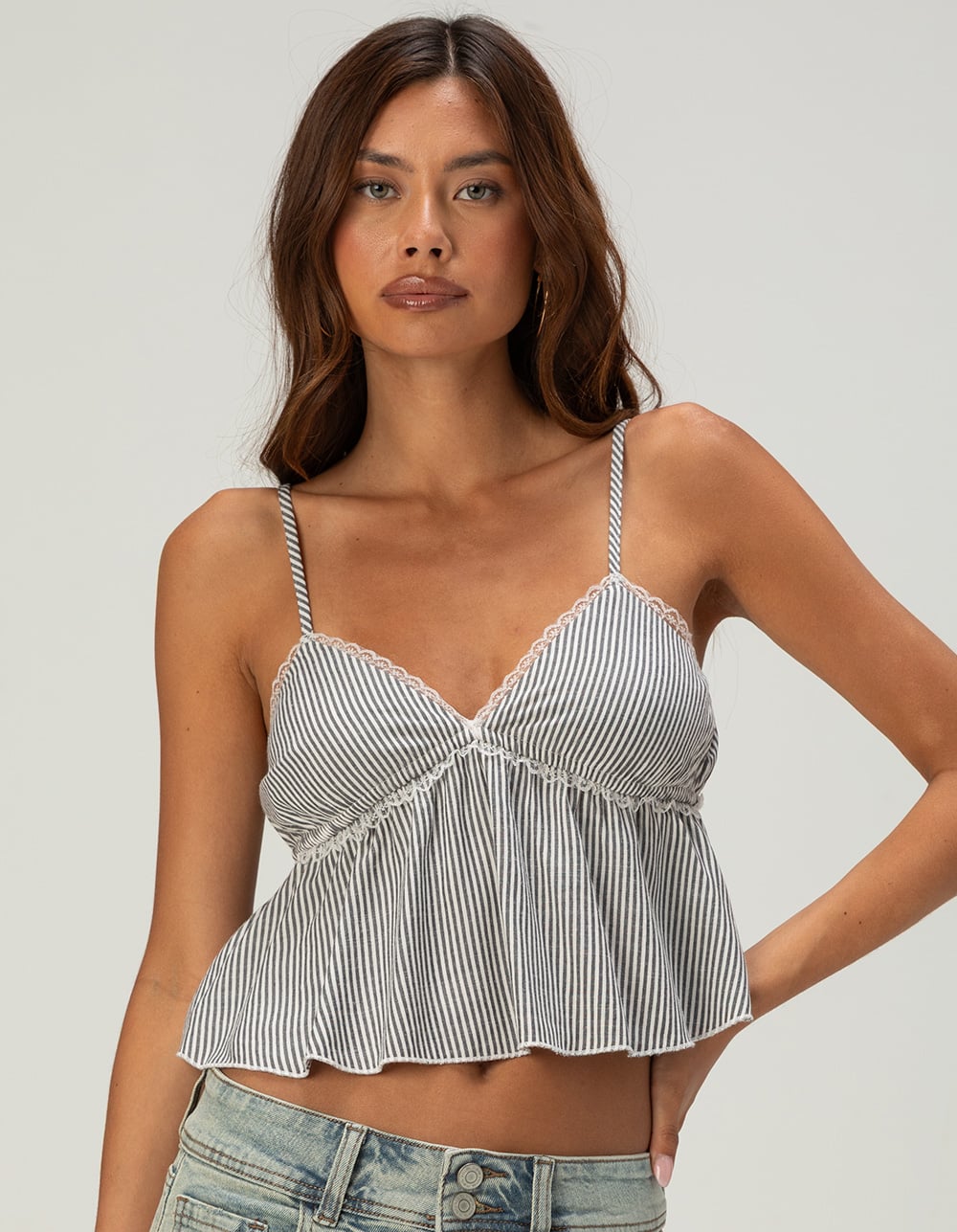 RSQ Womens Stripe Babydoll Top - GRAY COMBO