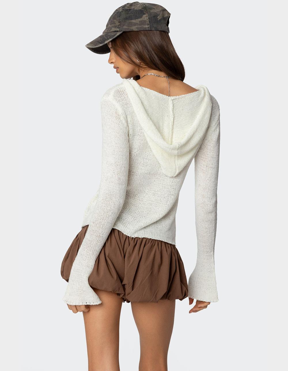 EDIKTED Mai Hooded V-Neck Sweater - BEIGE
