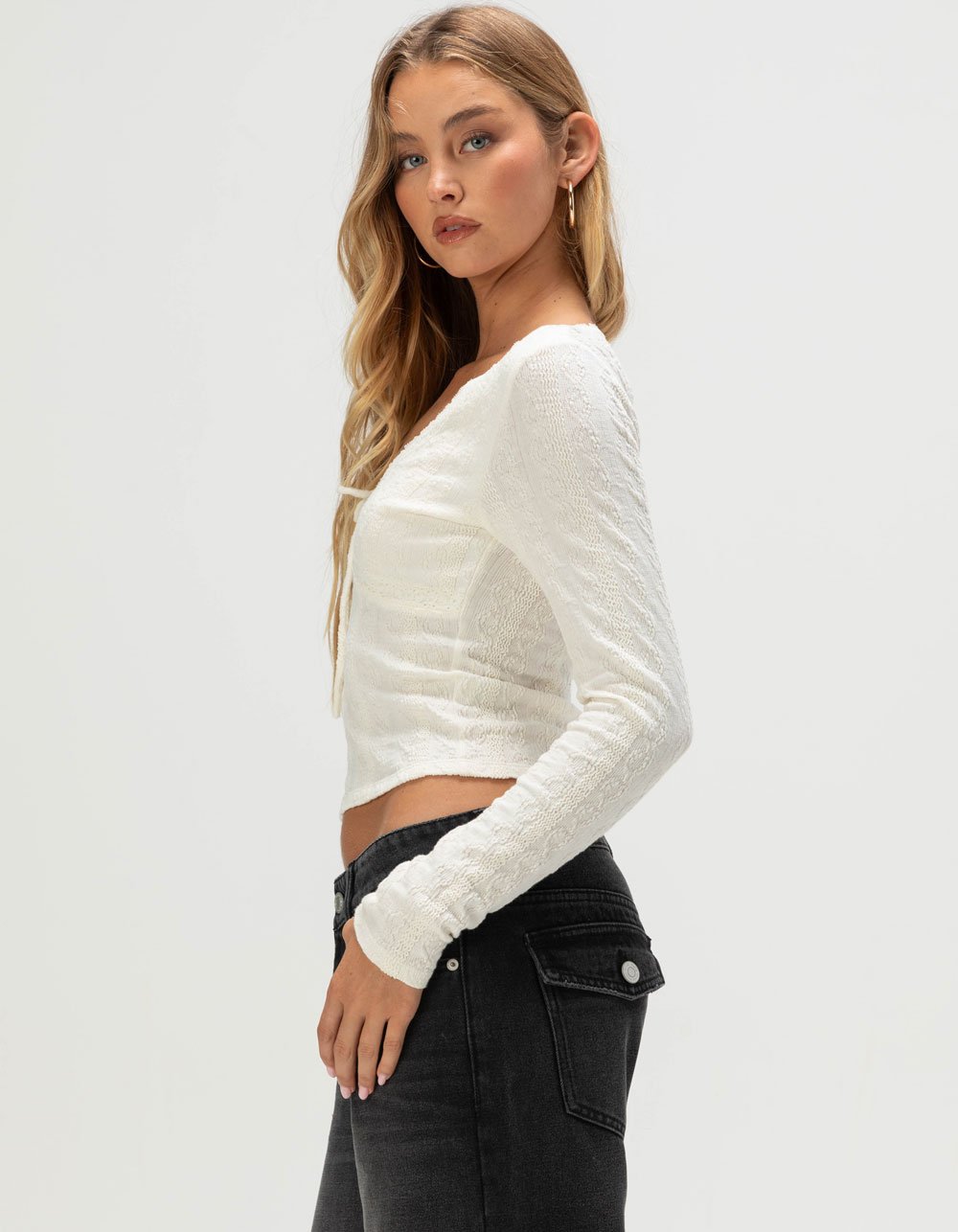 RSQ Womens Texture Long Sleeve Top - CREAM