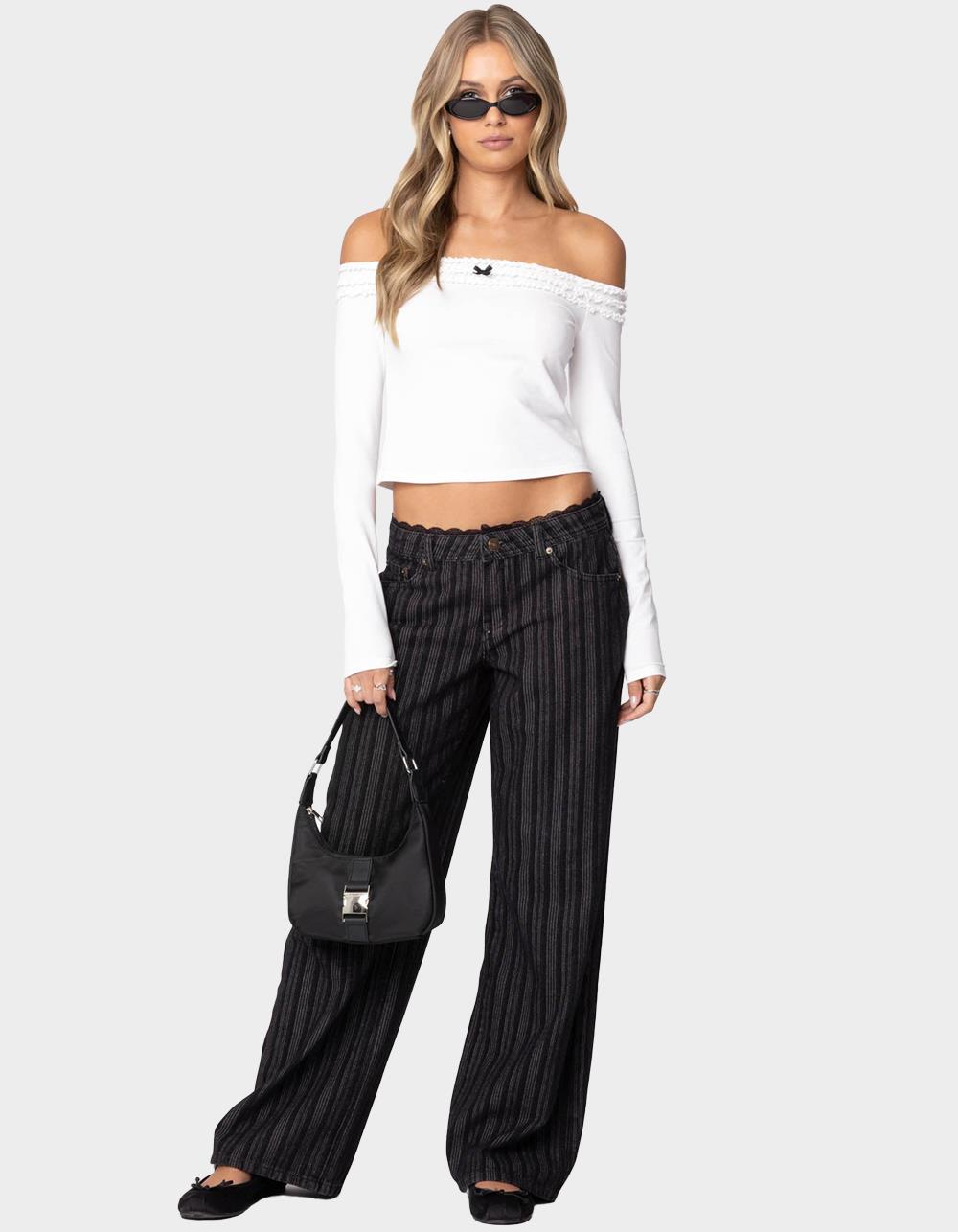 EDIKTED Lace Trim Striped Low Rise Jeans - BLACK