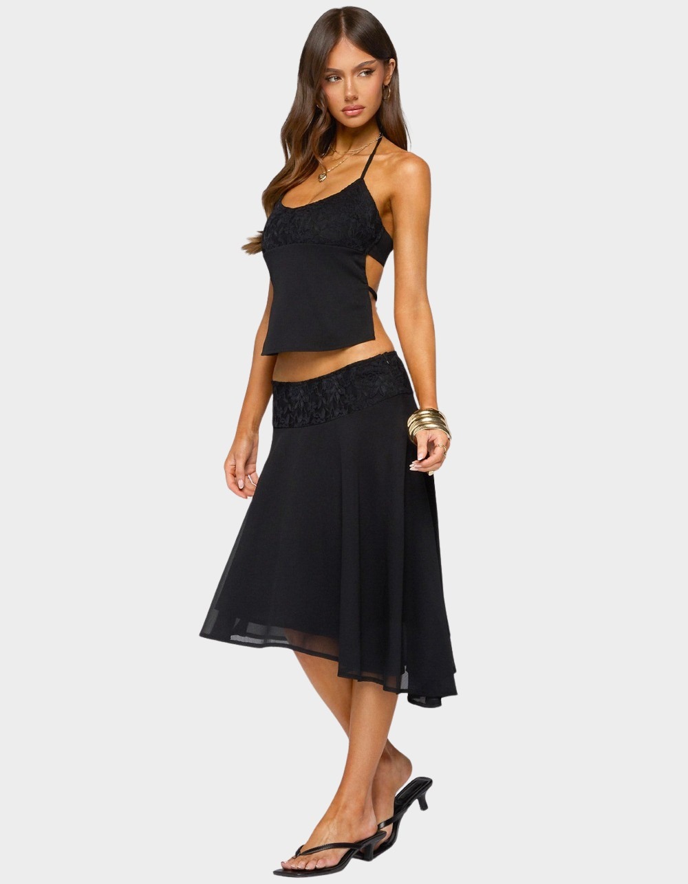 EDIKTED Evia Lacey Asymmetric Midi Skirt - BLACK