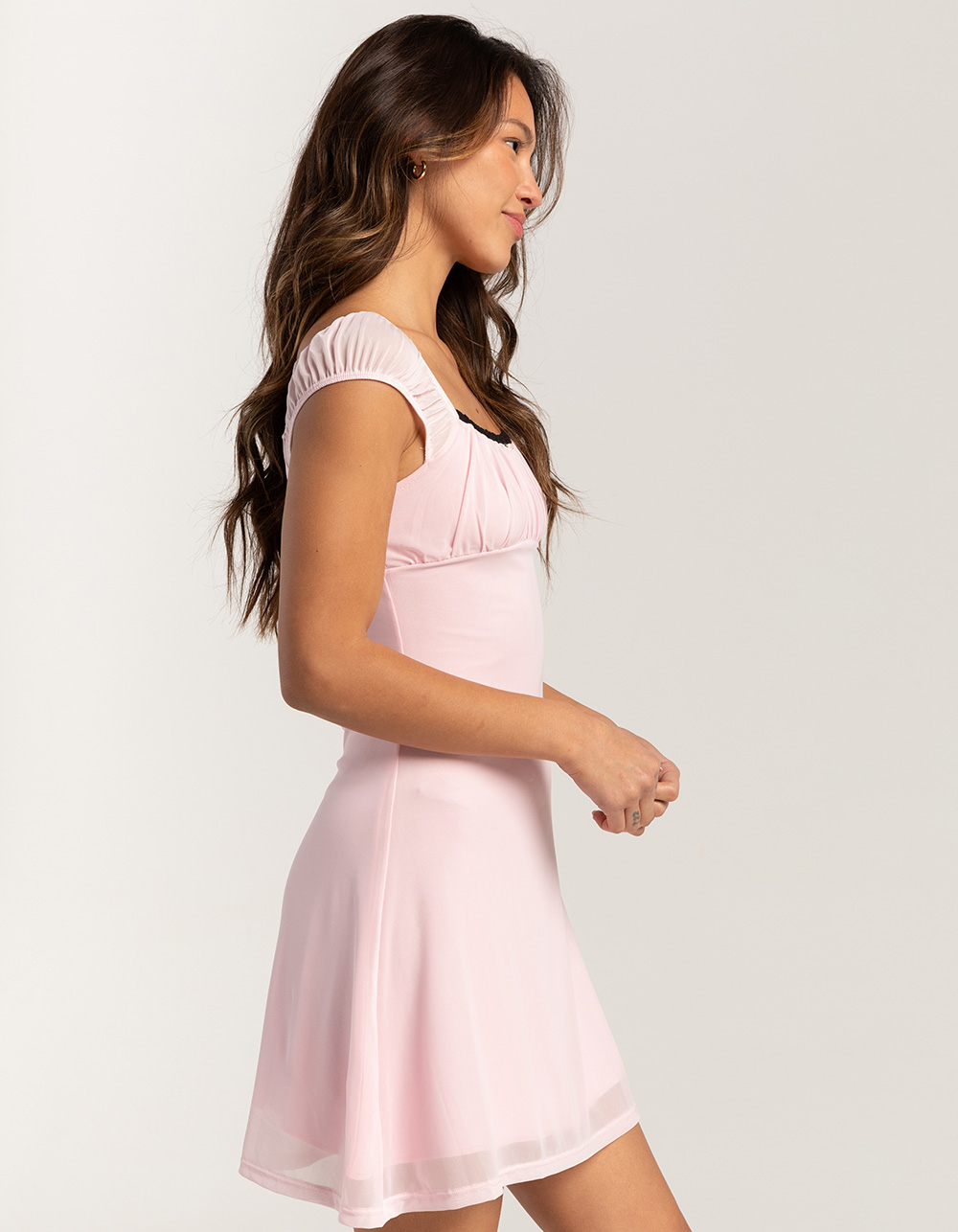 Dotted Mesh Ruffle Sleeve Ribbed Babydoll Dress main image 1