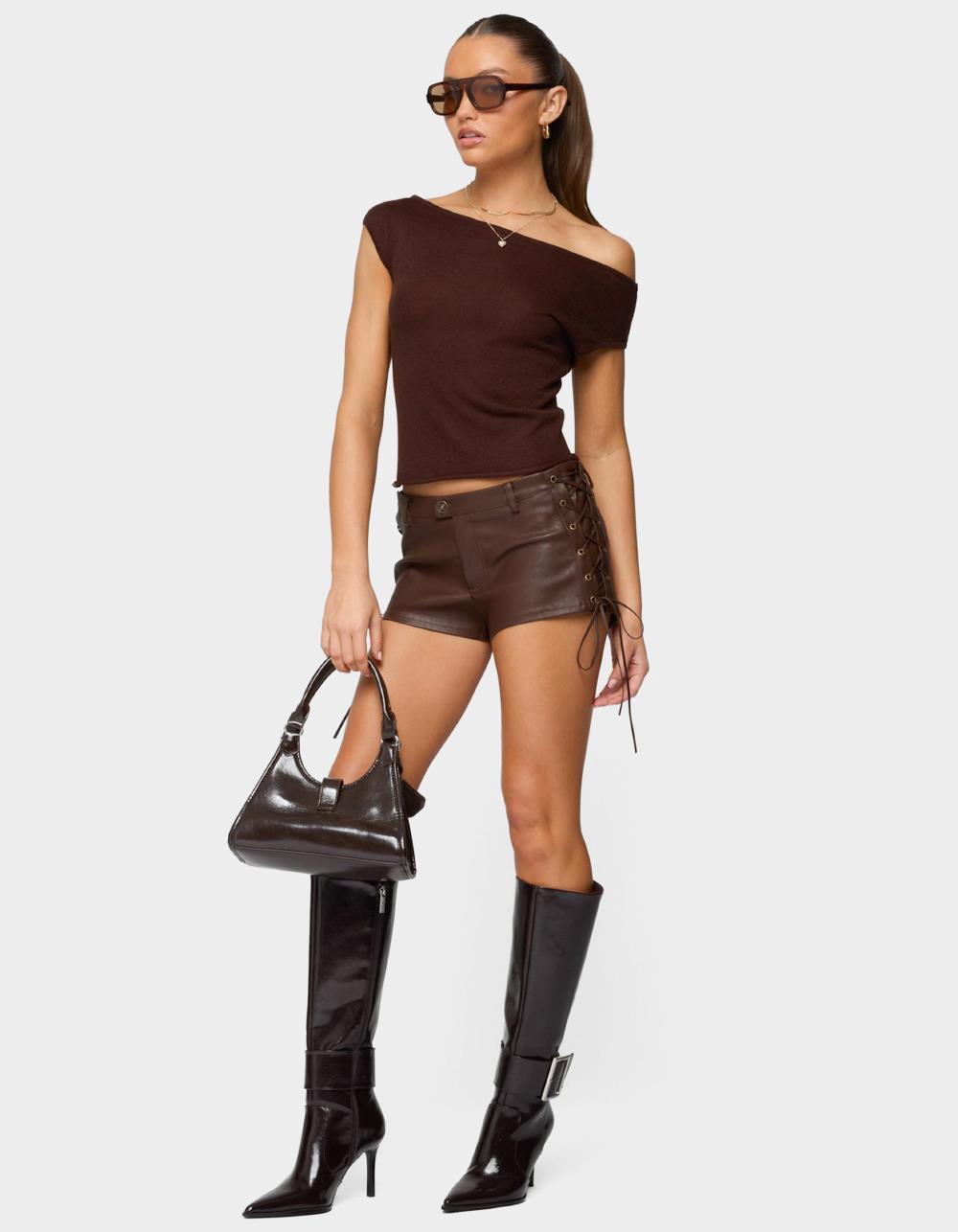 EDIKTED Kariss Lace Up Faux Leather Micro Shorts - BROWN