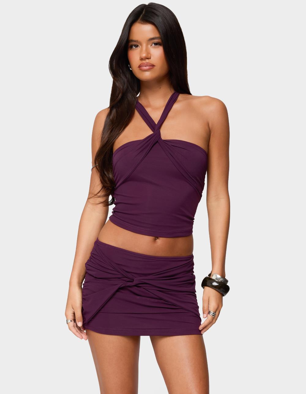 EDIKTED Maggi Knotted Backless Mesh Top - PURPLE
