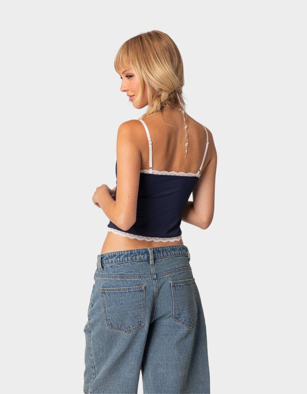 EDIKTED Alara Lace Trim Tank Top - NAVY