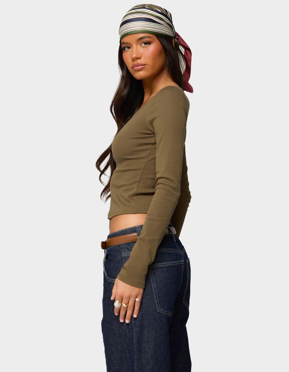 EDIKTED Rion Asymmetric Long Sleeve Top - DK GREEN