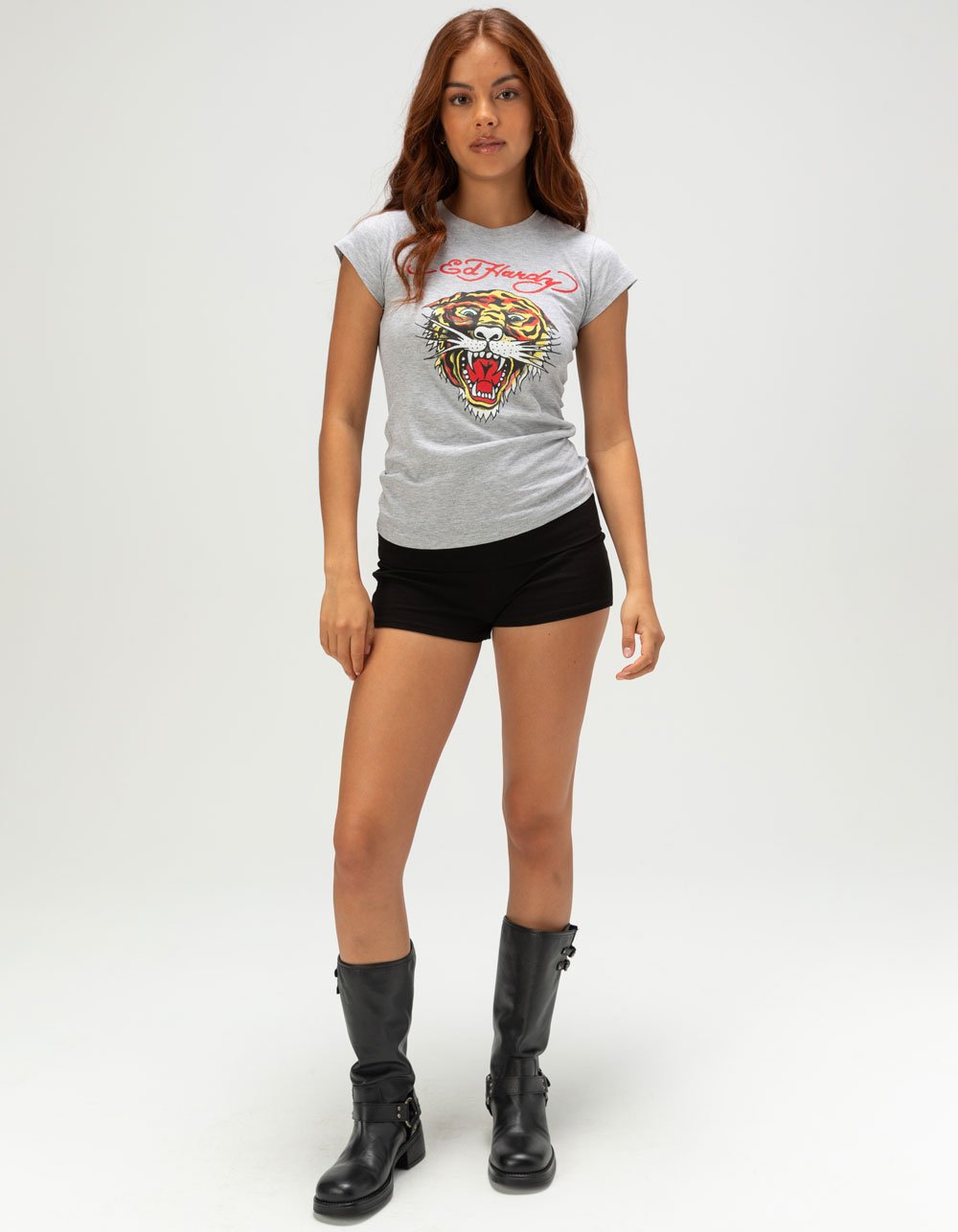 ED HARDY Tiger Head Womens Fitted Tee - GRAY