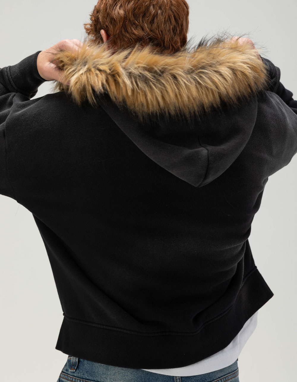 RSQ Mens Faux Fur Trim Oversized Zip-Up Hoodie - BLACK