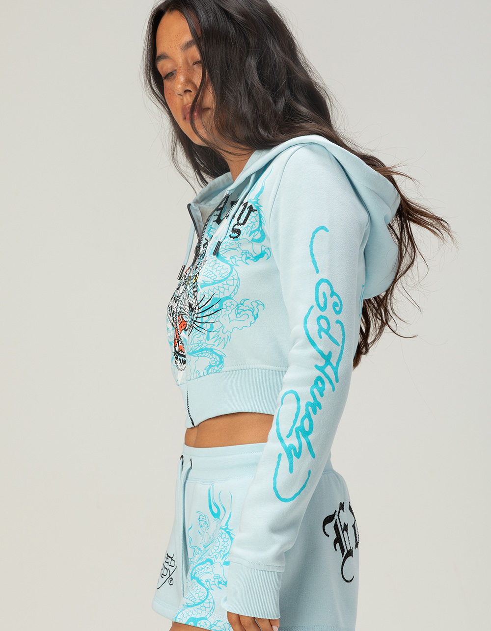 ED HARDY BLUE Leopard Womens Zip-Up Rhinestone Hoodie - BABY