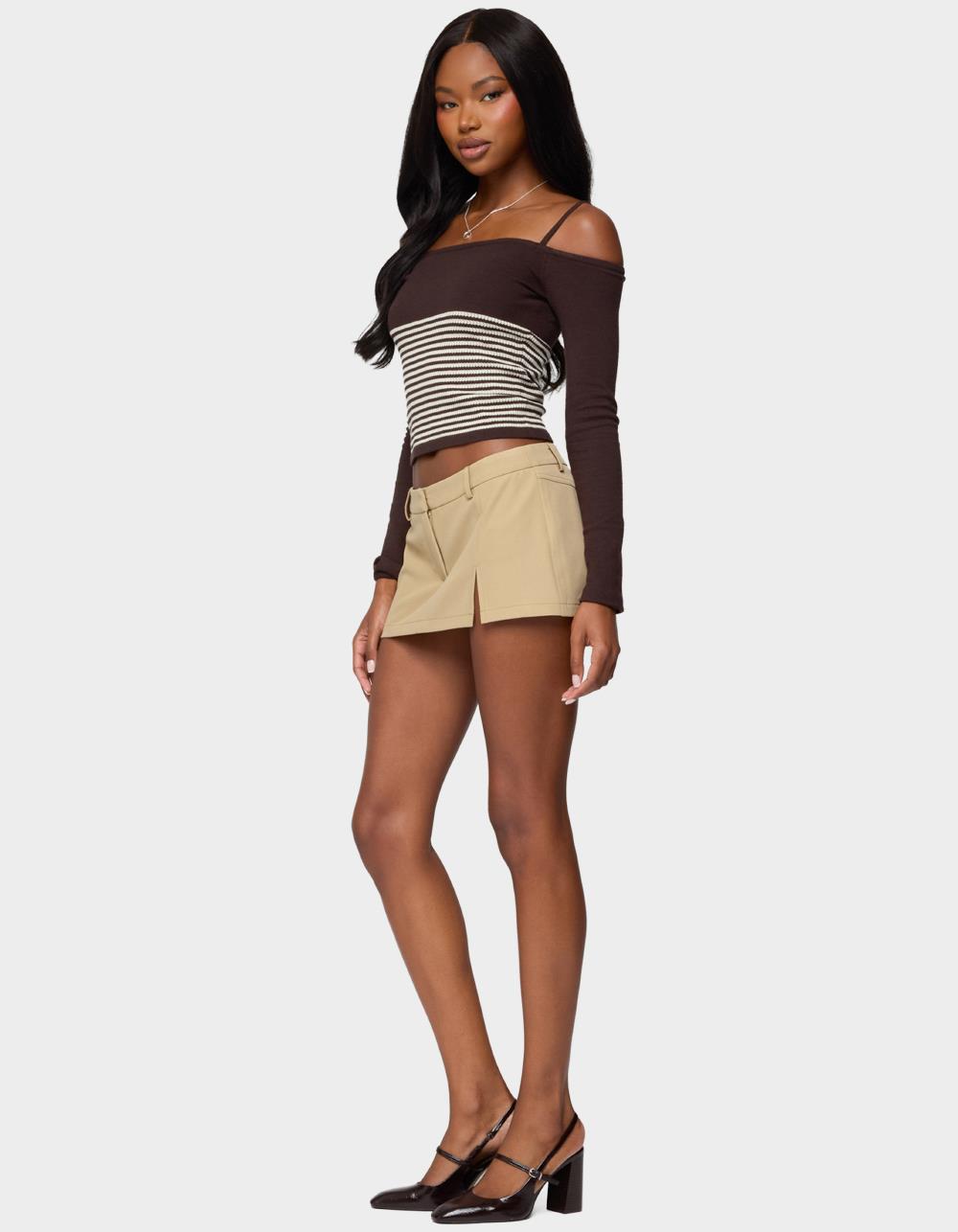 EDIKTED Darya Striped Off Shoulder Knit Top - BROWN