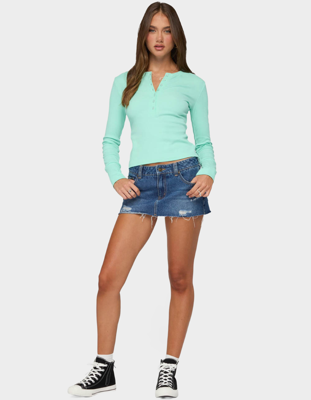 EDIKTED Yerin Long Sleeve Henley Ribbed Top - TURQUOISE