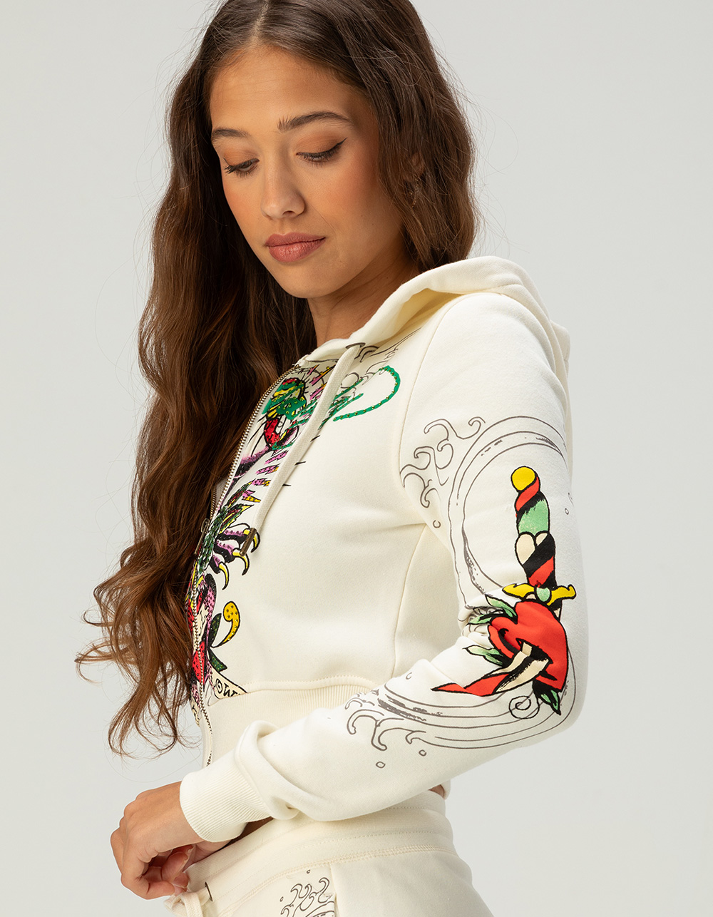 ED HARDY Rhinestone Panther Womens Crop Zip-Up Hoodie - IVORY
