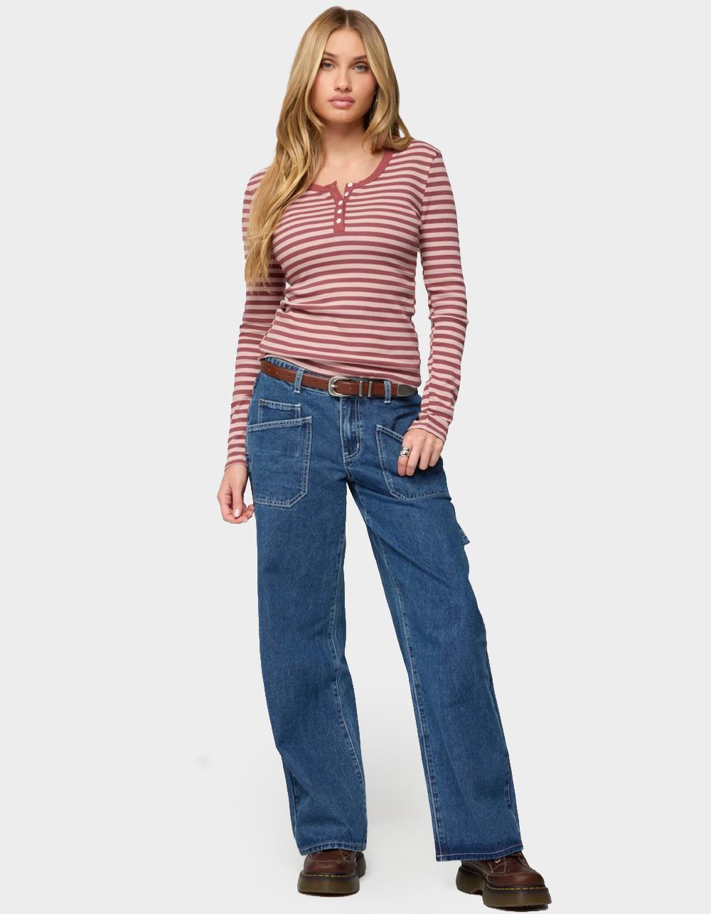 EDIKTED Roma Striped Henley Top - PINK