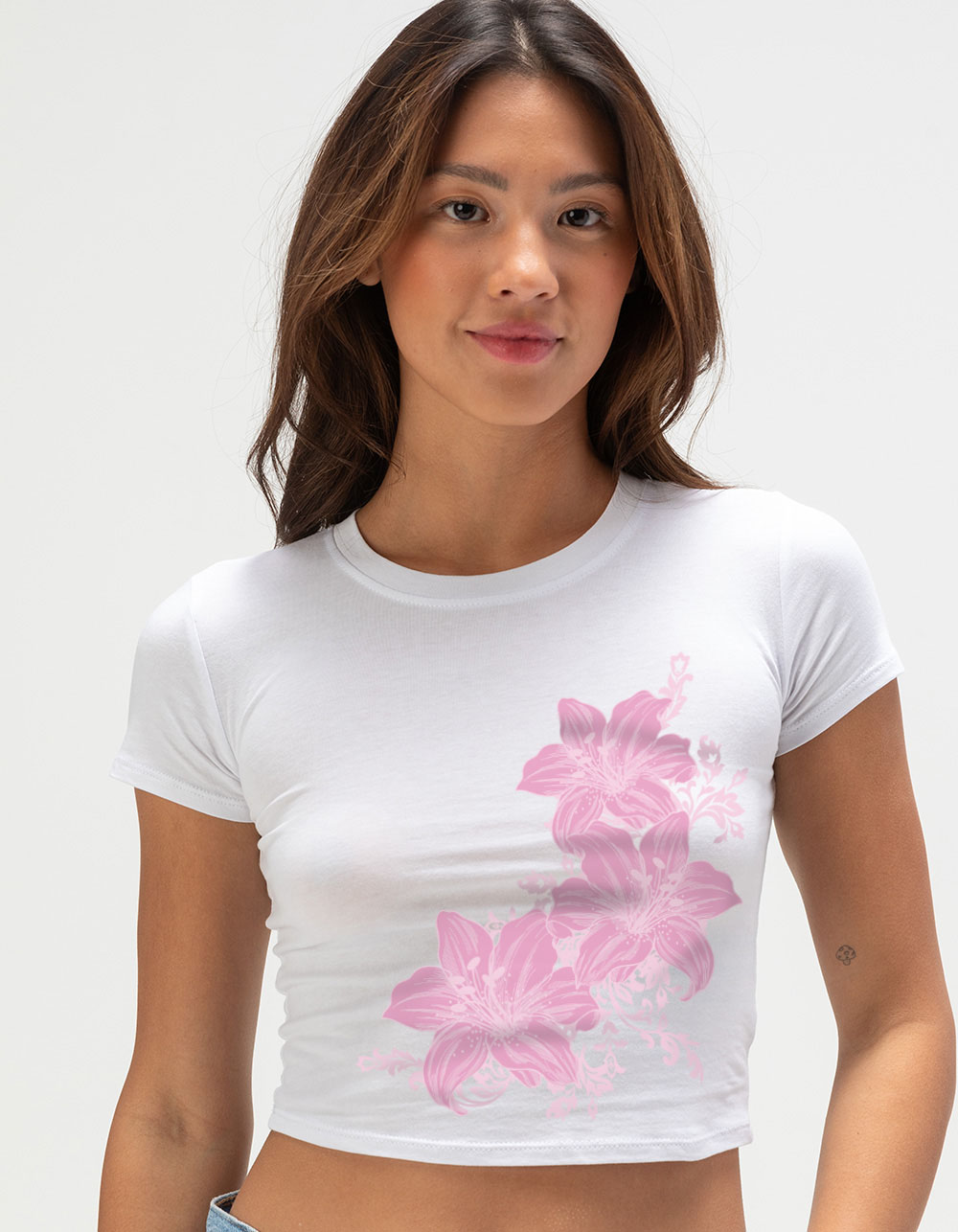 FLOWER Pink Iris Trio Womens Baby Tee - WHITE