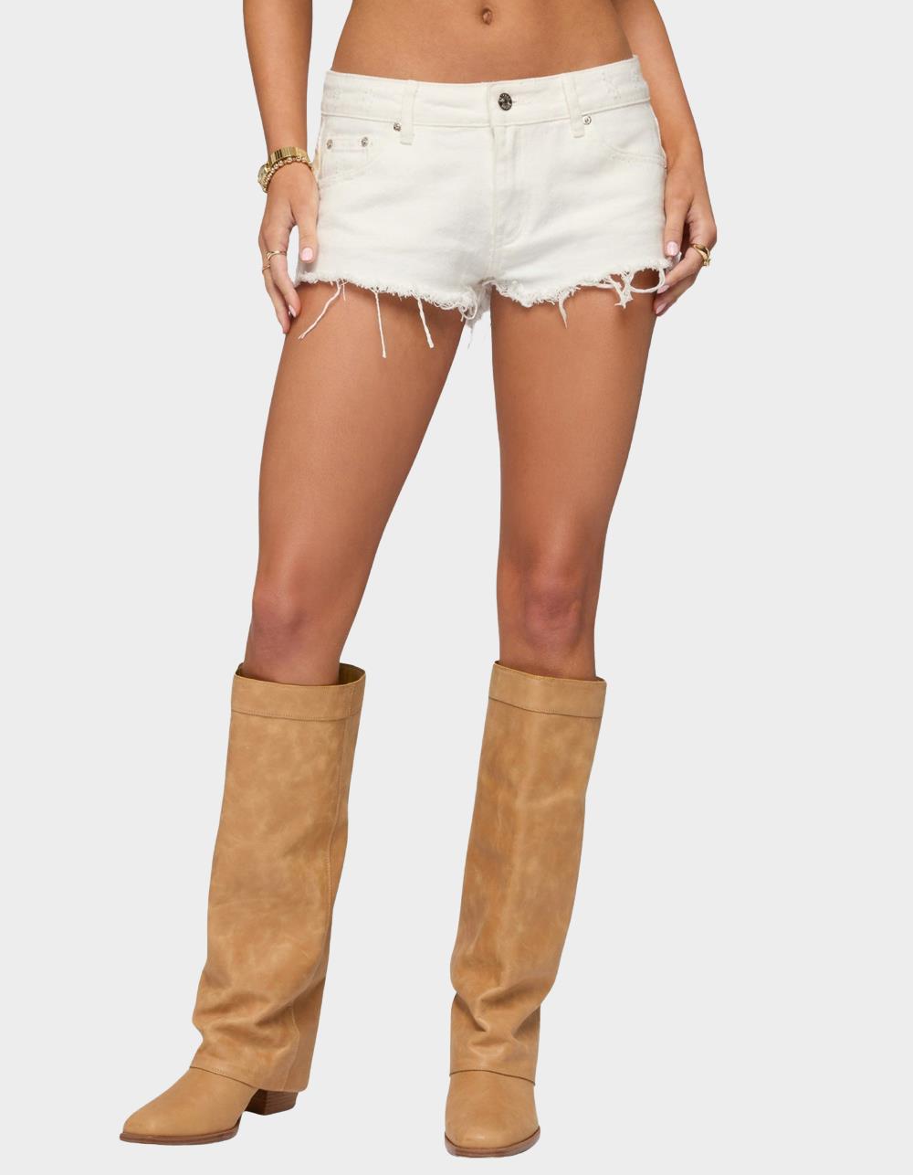 EDIKTED Frayed Vintage Washed Denim Shorts - WHITE