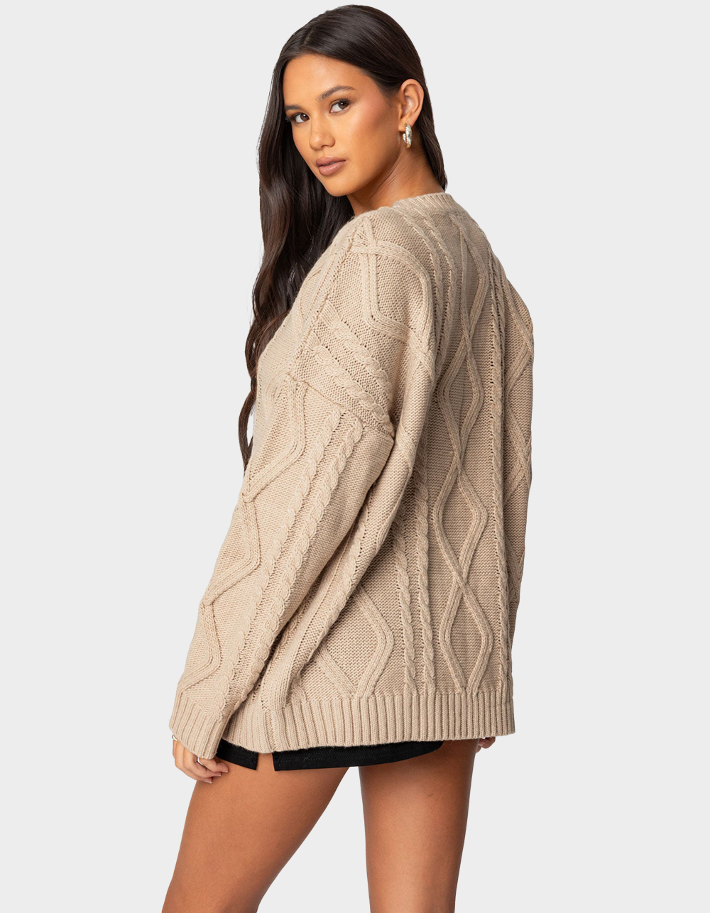 EDIKTED Kennedy Oversized Cable Knit Sweater - BEIGE