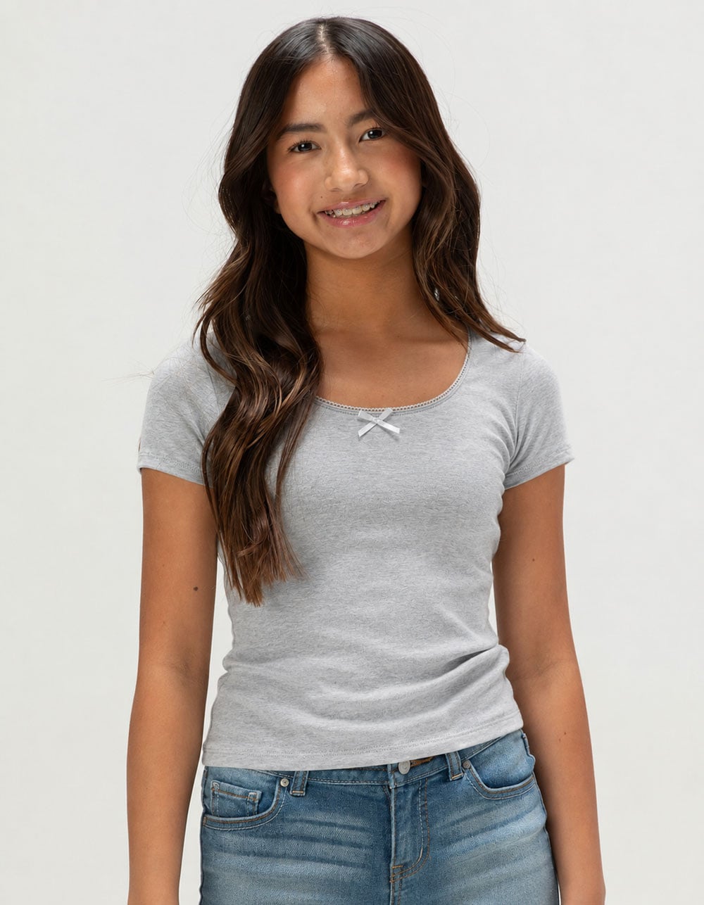 FULL TILT Essentials Girls Bow Trim Tee - HEATHER GRAY