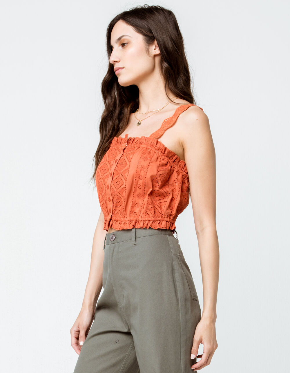 SKY AND SPARROW Eyelet Button Front Rust Womens Crop Cami - RUST | Tillys