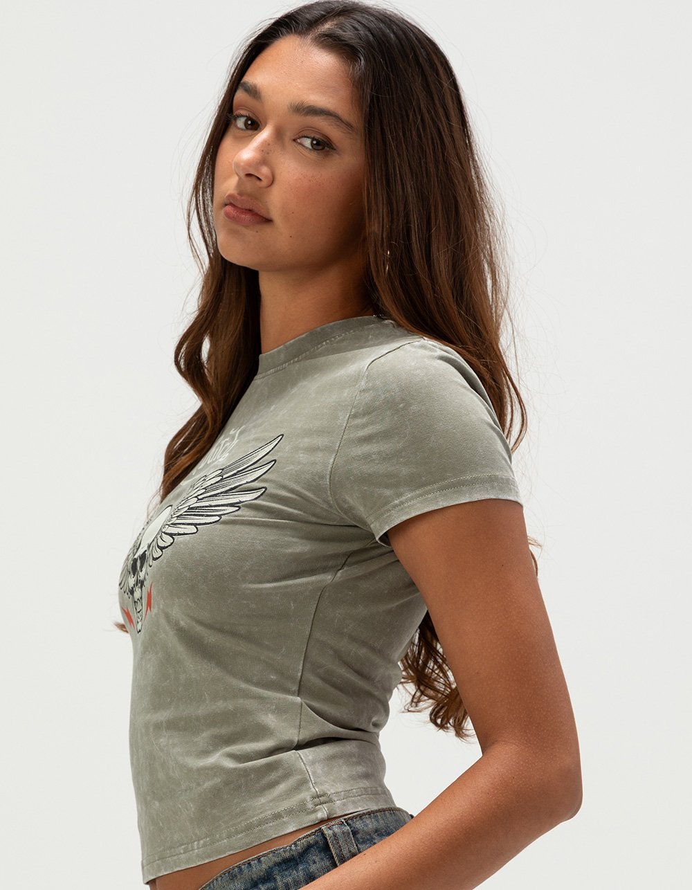 VON DUTCH Skull Womens Skimmer Tee - OLIVE