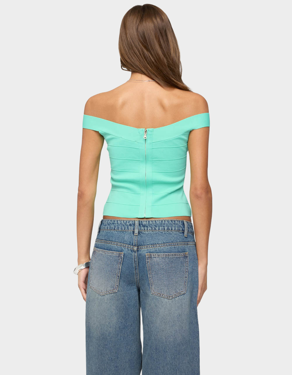 EDIKTED Niva Off Shoulder Bandage Knit Top - TURQUOISE