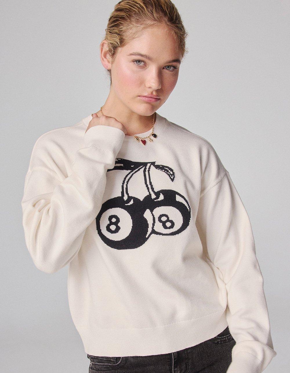 RSQ Womens Cherry 8-Ball Sweater - CREAM